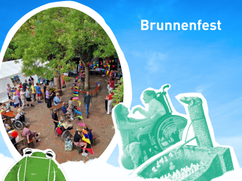 Bild vom Brunnenfest mit Collage aus Frosch, Brunnen und Rollstuhlfahrer mit Begleitung
